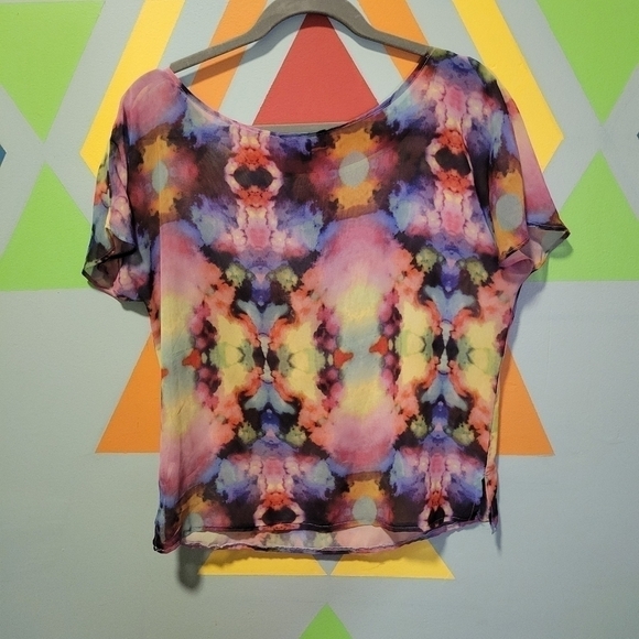 NWOT ABS John Fogerty Women's Sheer Watercolor Print Blouse Size Medium Ptp 21 - Picture 5 of 6